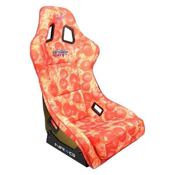 NRG FRP Bucket Seat PRISMA- ULTRA SLICE Edition with gold pearlized back. Pizza Microfiber print finish in vegan material plus phone pockets. (Large) - FRP-302-PIZZA