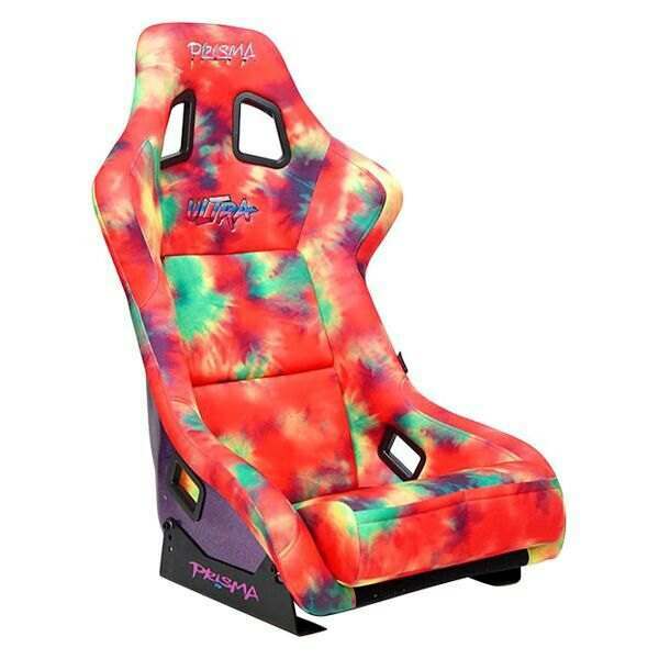 NRG FRP Bucket Seat PRISMA- 60's Tie Dye Edition in vegan mateirla with Purple pealized black plus phone pockets. (Large) - FRP-302-TIEDYE