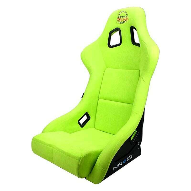 NRG FRP Bucket Seat PRISMA Edition with pearlized back. All Neon Green alcantara vegan material w/ phone pockets. (Large) - FRP-302NG-PRISMA