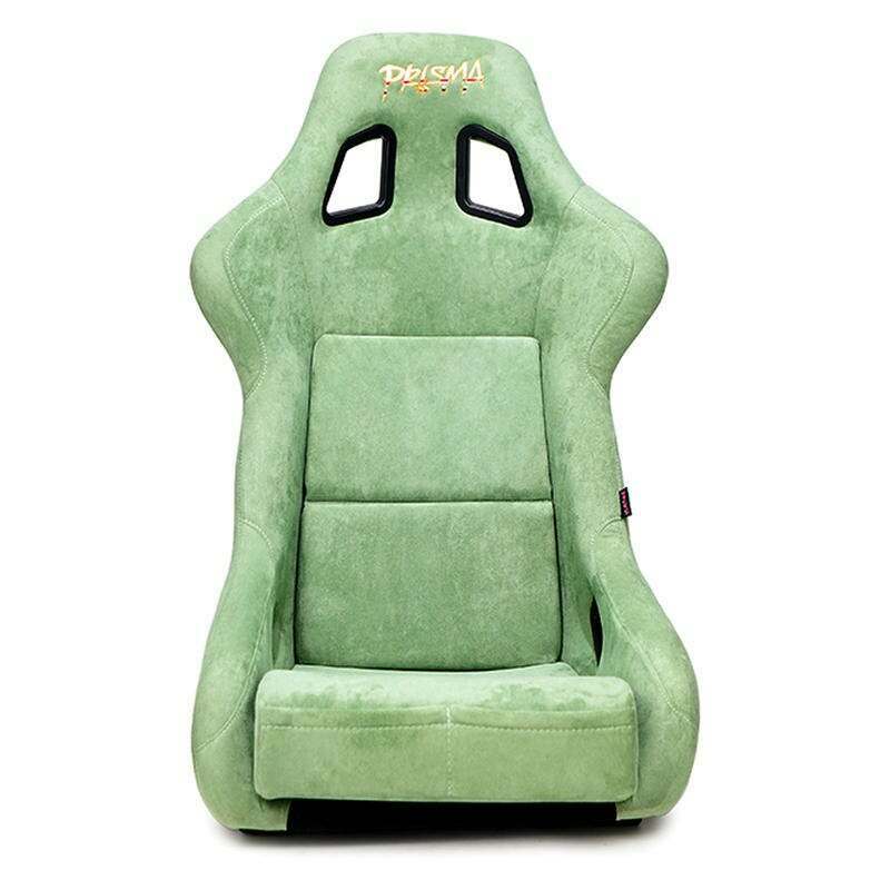 NRG FRP Bucket Seat PRISMA Edition with pearlized back. All Olive alcantara vegan material w/ phone pockets. (Large) - FRP-302OL-PRISMA