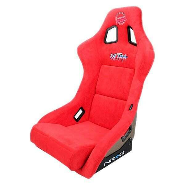 NRG FRP Bucket Seat ULTRA Edition with peralized back, Red Alcantara material, phone pockets and special ultra embroidery (Large) - FRP-302RD-ULTRA