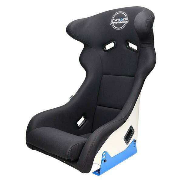 NRG FRP Bucket Seat - White finish with Arrow Embroidery and Blue Side Mount Bracket - FRP-600WT