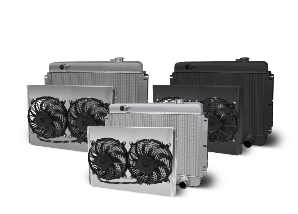 AFCO Aluminum Black Radiator and Shroud 1962-67 Nova Dual Polish Shroud Downflow With Trans Cooler AFCO - 80286-B-DP-Y