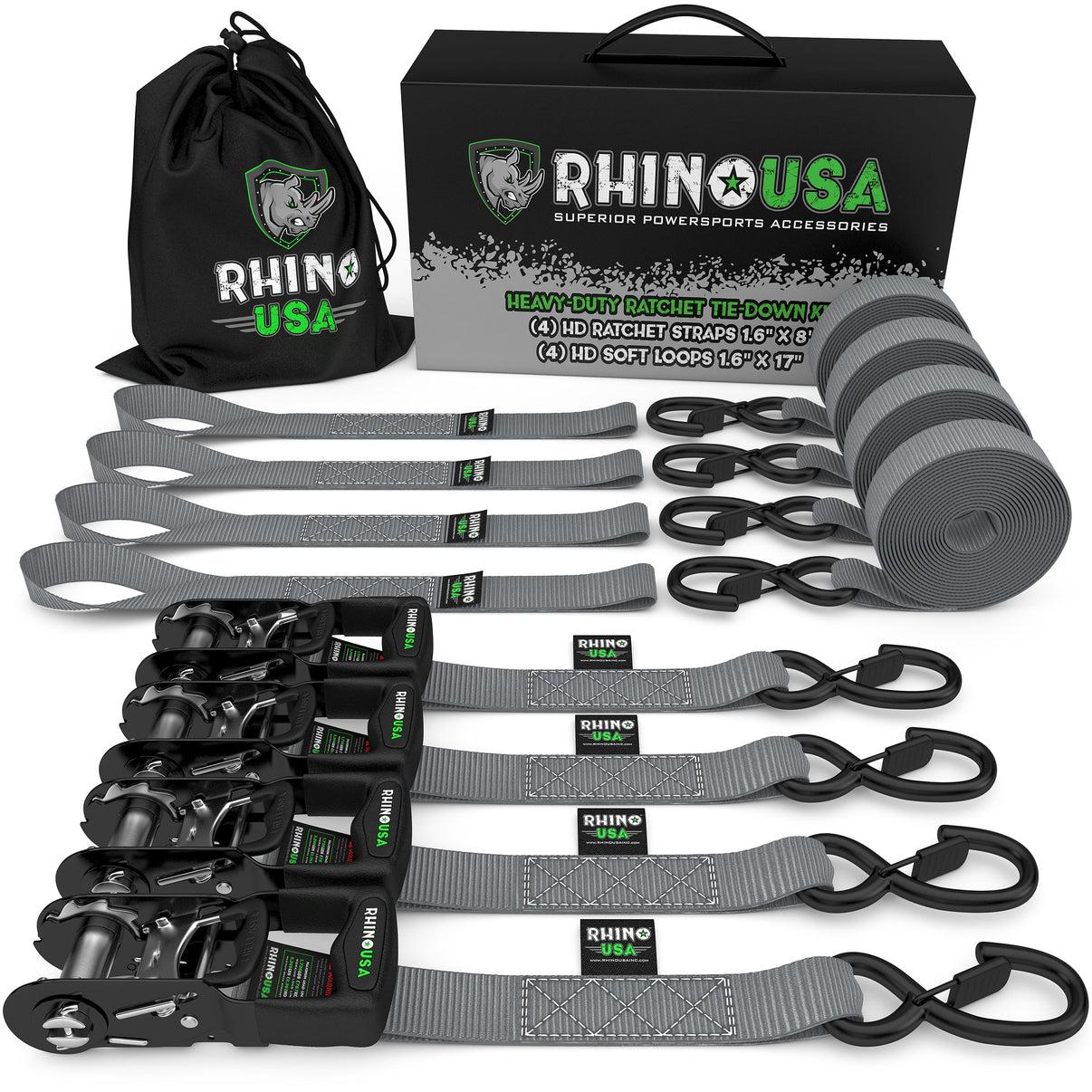 Rhino USA 1.6" X 8' Rhino Usa Heavy Duty Ratchet Tie-Down 4-Pack (Gray) - HDKIT-4PK-GRY