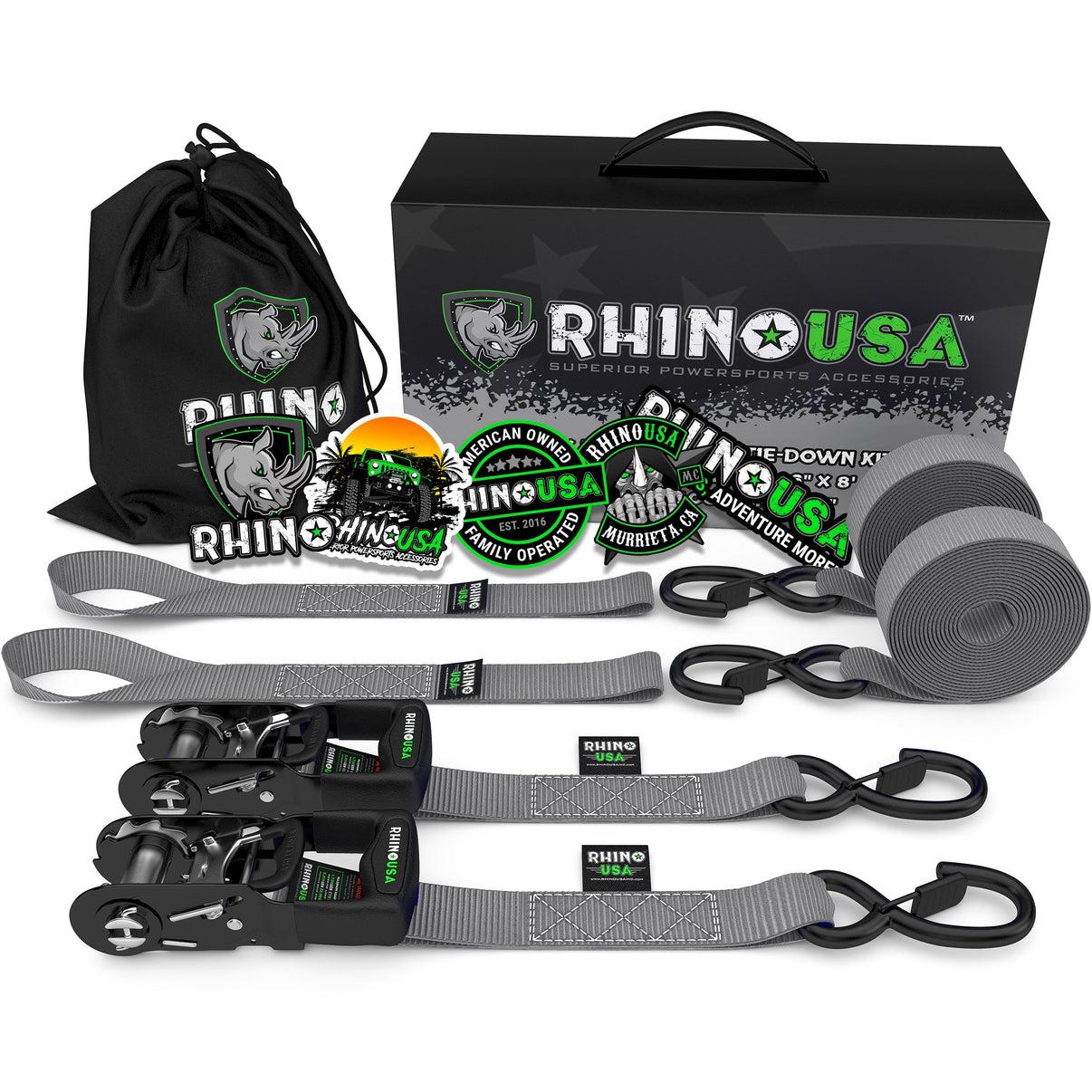 Rhino USA 1.6" X 8' Rhino Usa Heavy Duty Ratchet Tie-Downs 2-Pack (Gray) - HDKIT-2PK-GRY