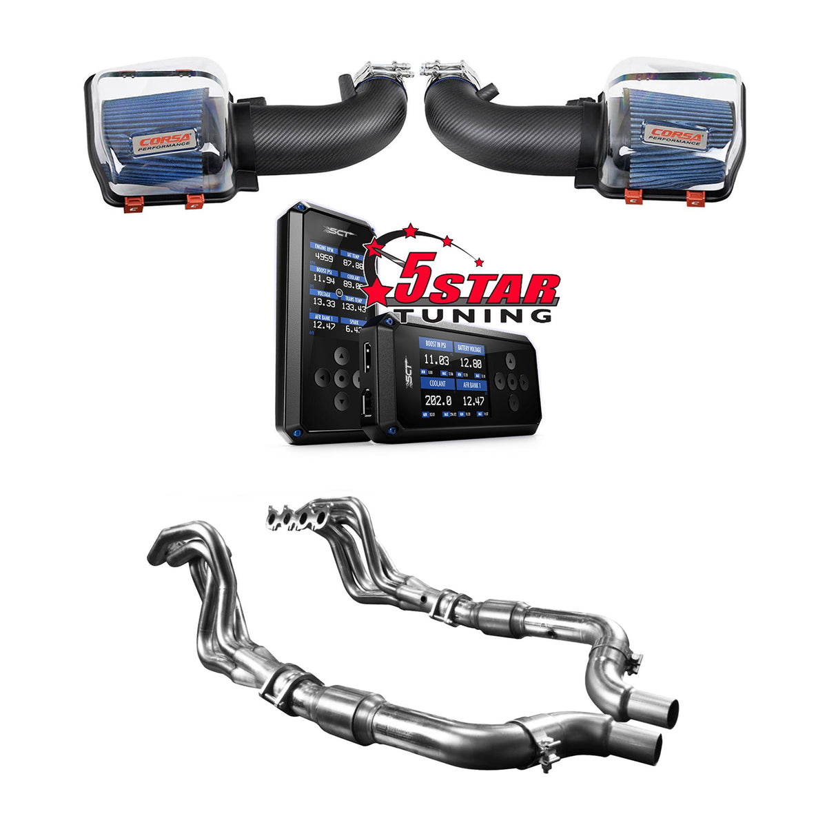 Stage 2 Power Pack - Intake, Headers, and SCT BDX Performance Programmer with 5 Star Tuning Tune (2024-2026 Mustang GT / Dark Horse)
