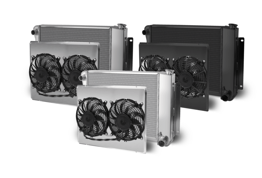 AFCO Aluminum Satin Radiator and Shroud 1967-69 Camaro Dual Black Shroud Small Block/Big Block 28 inch wide With Transcooler AFCO - 80251-S-DB-Y