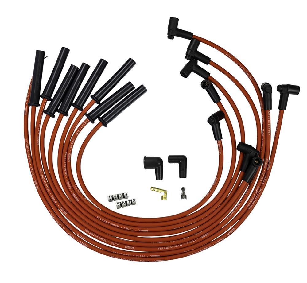 Moroso IGNITION SPARK PLUG WIRE SET, ULTRA 350, 8MM, MULTI ANGLE BOOT, RED, GM, CHEVY, BBC, 366-454, HEI STYLE W/O COIL IN CAP, OVER HEADER / VALVE COVER - 52039