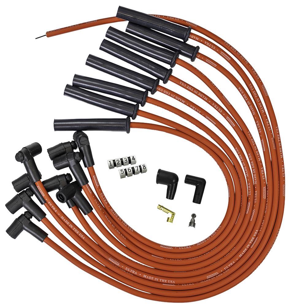 Moroso IGNITION SPARK PLUG WIRE SET, ULTRA 350, 8MM, MULTI ANGLE BOOT, RED, FORD, 351C, HEI STYLE CAP - 52048