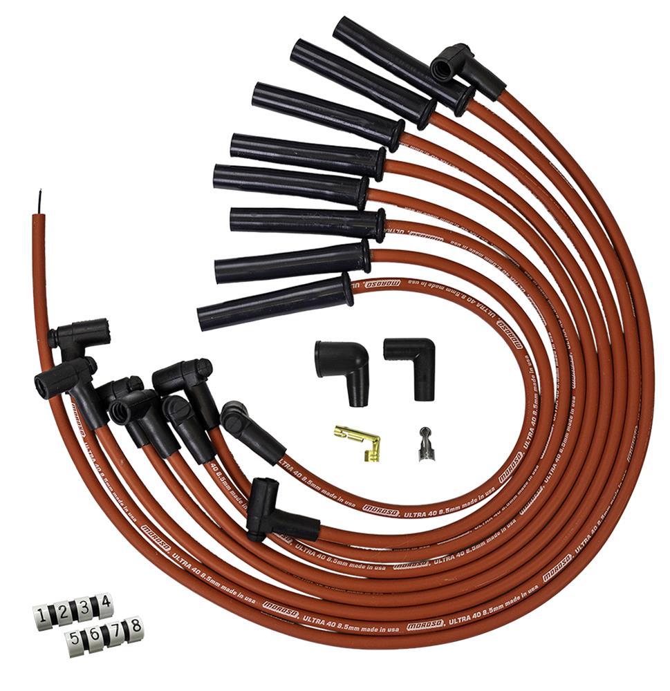 Moroso IGNITION SPARK PLUG WIRE SET ULTRA 40 MULTI ANGLE BOOT, RED,FORD 289,302,351W, HEI STYLE CAP - 73766
