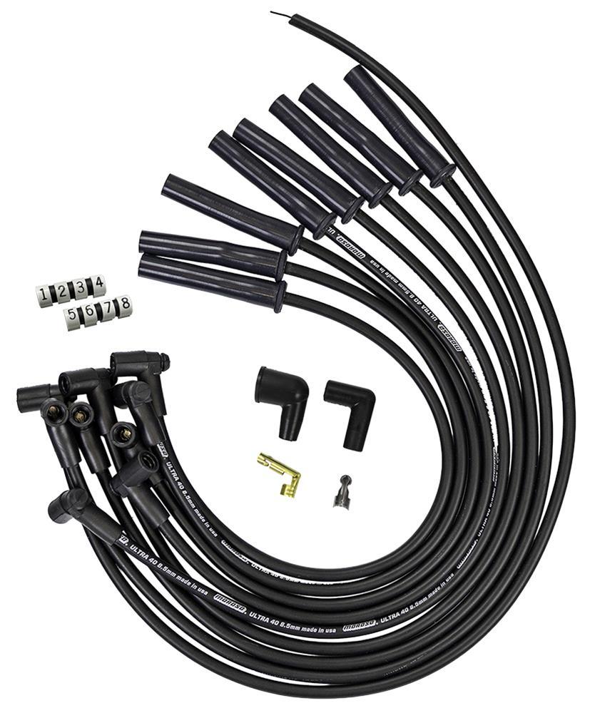 Moroso IGNITION SPARK PLUG WIRE SET, ULTRA 40, 8.5MM, MULTI ANGLE BOOT, BLACK, FORD, 351C, HEI STYLE CAP - 73767