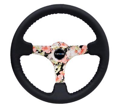NRG Reinforced Steering Wheel - Hydro Dipped Floral 3" Deep, 5mm spoke, 350mm Sport Steering Wheel Black Leather w/ Black baseball stitching - RST-036FL-R