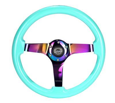 NRG Reinforced Steering Wheel - Classic Minty Fresh Wood Grain Wheel (3" Deep), 350mm, 3 Solid spoke center in Neochrome - RST-036MF-MC