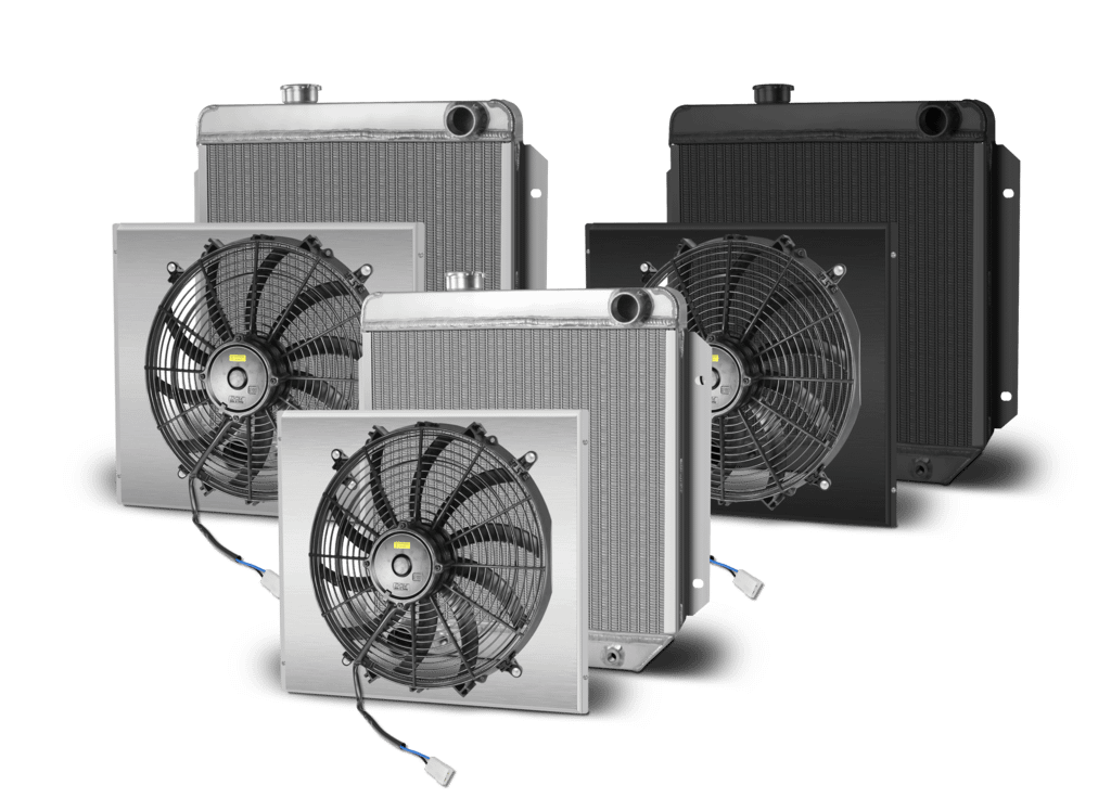 AFCO Aluminum Satin Radiator and Shroud 1964 1/2-66 Mustang Single Satin Shroud Passenger Outlet With Trans Cooler AFCO - 81276-S-SS-Y