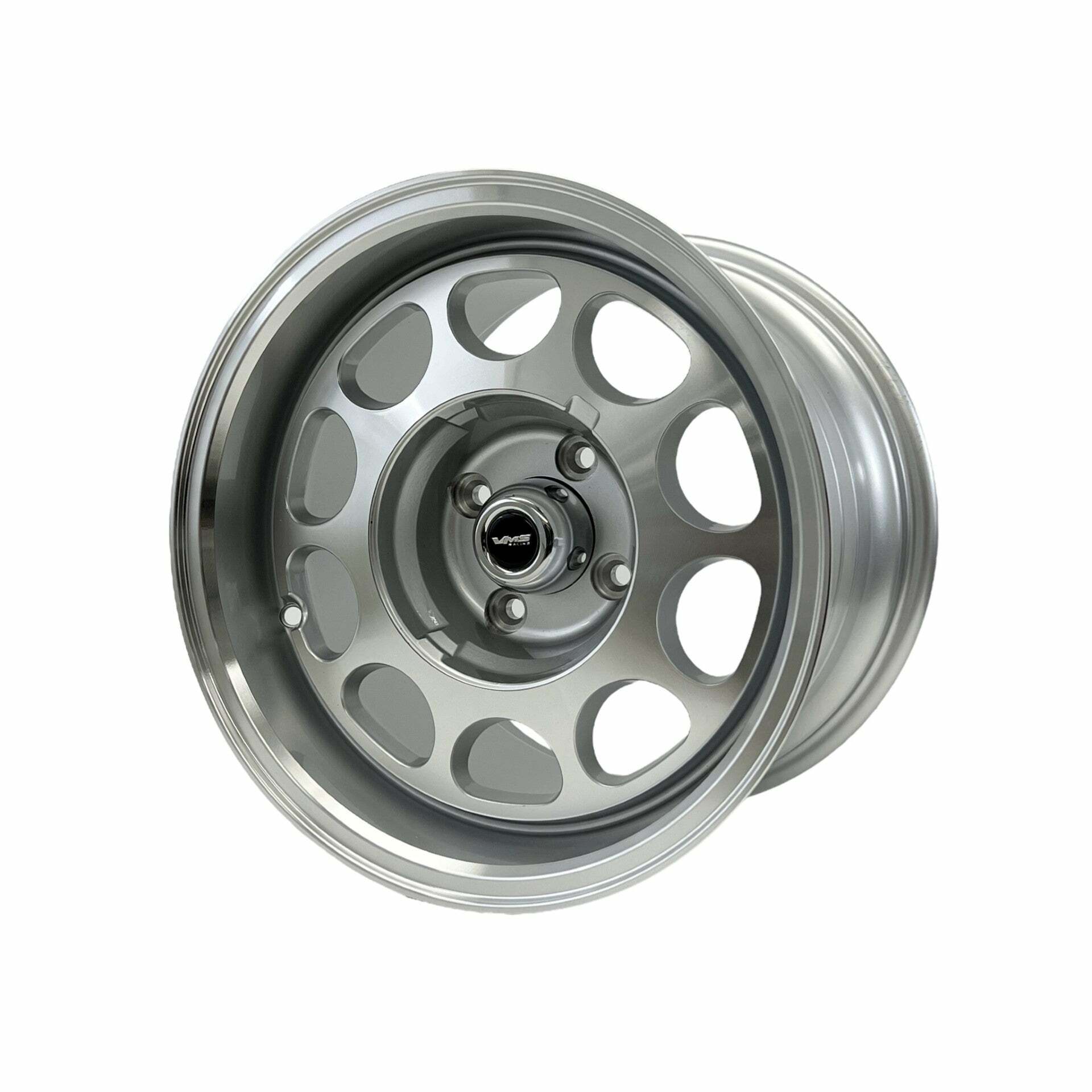 VMS Racing Street or Drag Race 5 Lug 10 Hole Phone Dial Wheel 15x10, 5x114.3 (5x4.5") +20 Offset (6.3" Backspacing) - Silver (1979-1993 Fox Body Mustang) - VWPD008