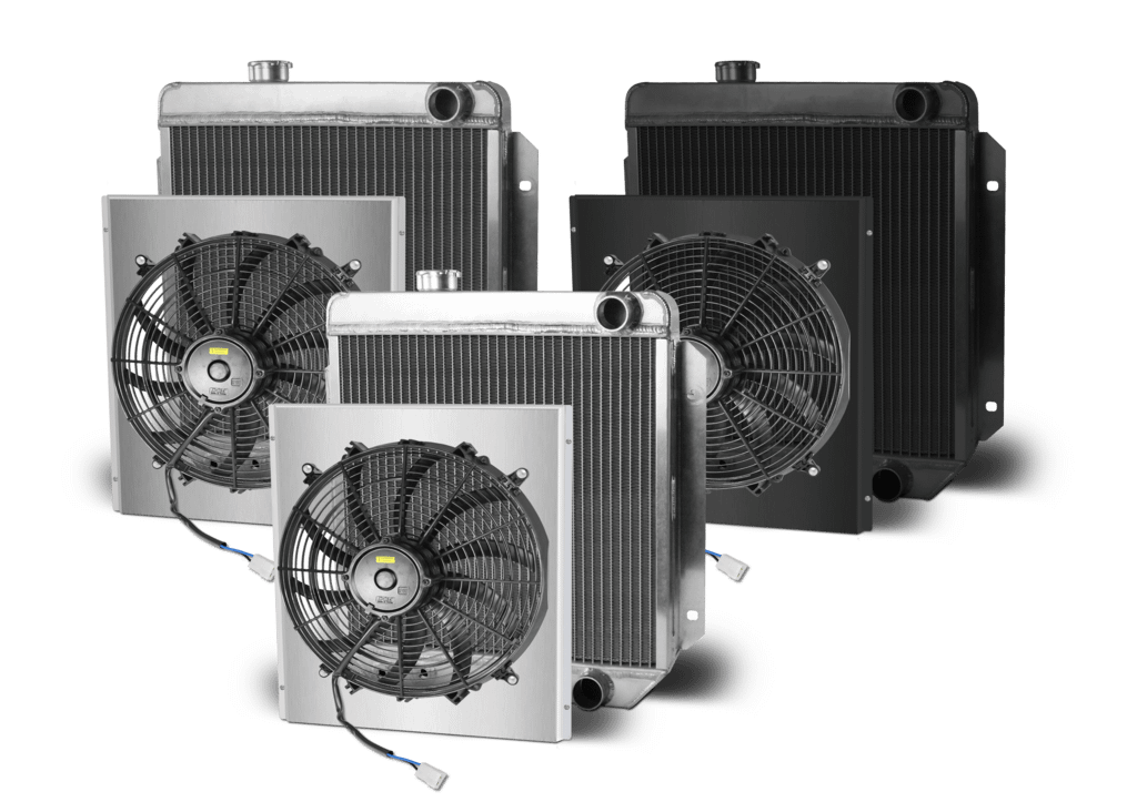 AFCO Aluminum Black Radiator and Shroud 1964 1/2-66 Mustang Single Polished Shroud Passenger Outlet AFCO - 80276-B-SP-N