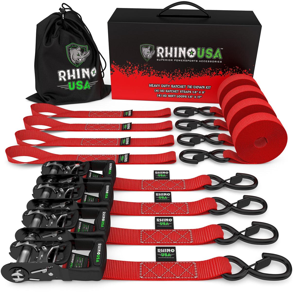 Rhino USA 1.6" X 15' Rhino Usa Heavy Duty Ratchet Tie-Down 4-Pack Red - TD-GC1.6X15-RED