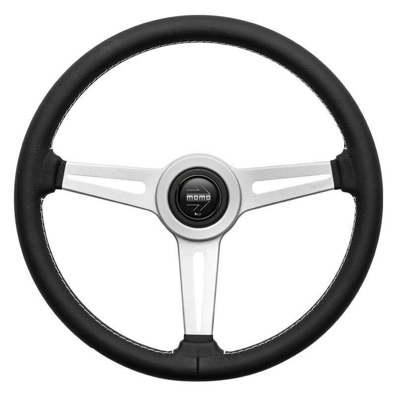 Momo Steering Wheel - Retro, 360 Diam, 40 Dish, Blk Leather, Wht Stitch, Brshd Spokes - RET36BK2S