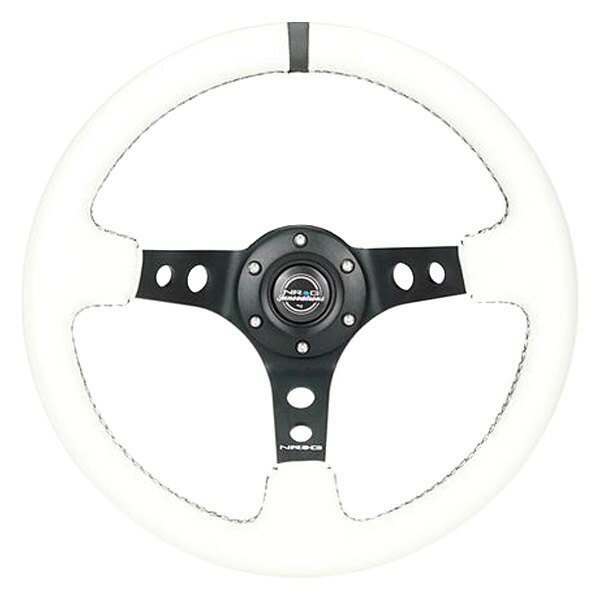 NRG Reinforced Steering Wheel - 350mm Sport Steering Wheel (3" Deep) - Black Spoke w/ Round holes / White Leather / White Stripes - RST-006BK-WT-B