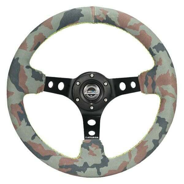 NRG Reinforced Steering Wheel - 350MM Sport Steering Wheel (3" Deep) - Camo Suede mark with Neon Green stitching and Black Spoke - RST-006MB-S-CAMO