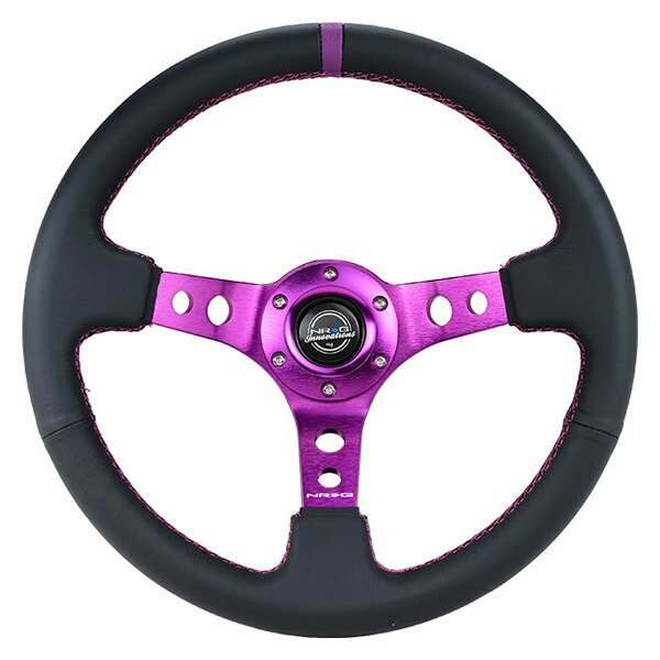 NRG Reinforced Steering Wheel - 350MM Sport Steering Wheel (3" Deep) - Black Leather, Purple center mark with purple stitching - RST-006PP