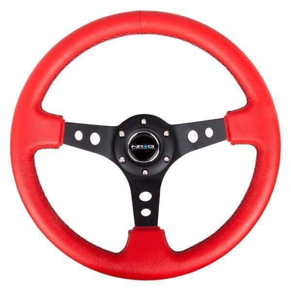 NRG Reinforced Steering Wheel - 350mm Sport Steering Wheel (3" Deep) - Black Spoke w/ Round holes / Red Leather / Black Stitch - RST-006RR-BS