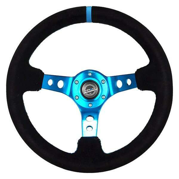 NRG Reinforced Steering Wheel - 350mm Sport Steering Wheel (3" Deep) - Blue Spoke w/ Round holes / Black Leather and Blue center stripe, and Blue Stitching - RST-006S-BL