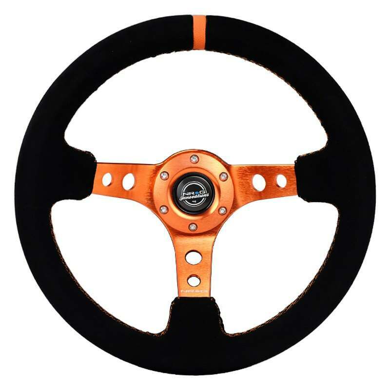 NRG Reinforced Steering Wheel - 350MM Sport Steering Wheel (3" Deep) - Black Suede Orange center mark with Orange stitching and Orange Center spoke - RST-006S-OR