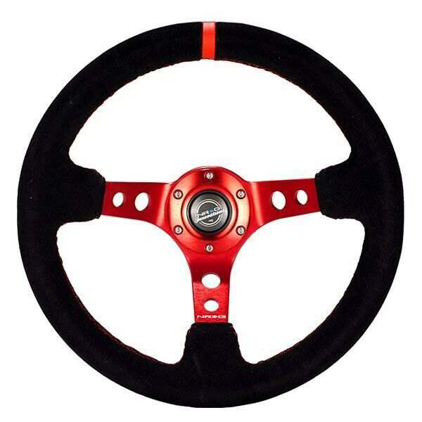 NRG Reinforced Steering Wheel - 350mm Sport Steering Wheel (3" Deep) - Red Spoke w/ Round holes / Black Leather / Red Stitching / Red Center Mark - RST-006S-RD