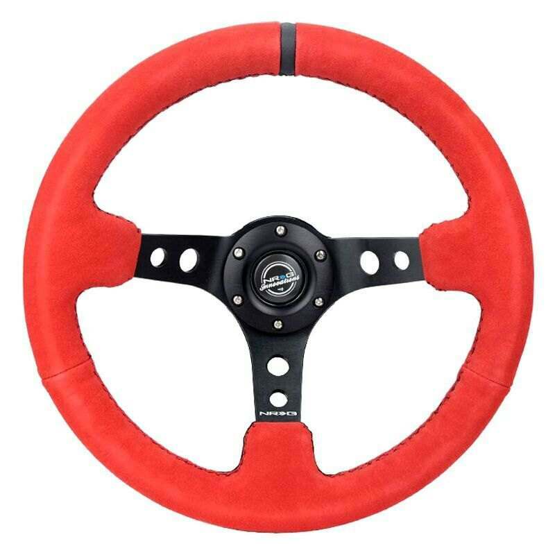 NRG Reinforced Steering Wheel - 350MM Sport Steering Wheel (3" Deep) - Red Suede w/ Black sttiching and Black stripe - RST-006S-RR-B