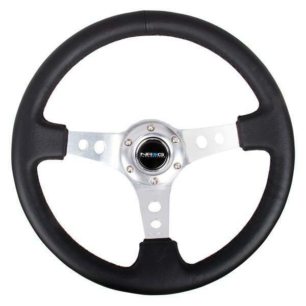 NRG Reinforced Steering Wheel - 350mm Sport Steering Wheel (3" Deep) - SILVER Spoke w/ Round holes / Black Leather - RST-006SL