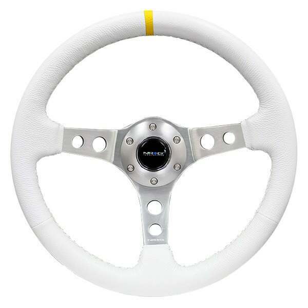 NRG Reinforced Steering Wheel - 350mm Sport Steering Wheel (3" Deep) Silver Spoke with White Leather finish and White Stitch - RST-006WT-Y