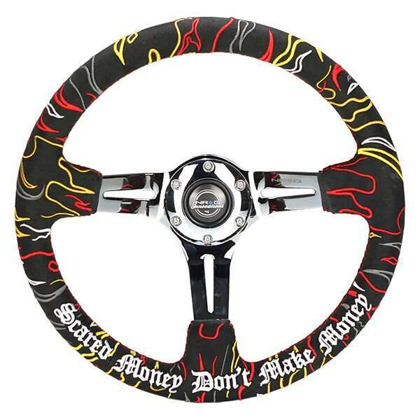 NRG Reinforced Steering Wheel - Ryan Litteral Signature 3" Deep, 5 mm chrome spoke with slit spokes. Black Alcantara, Red Stitching, Flame Embroidery"Scare Money Don't Make Money" Finish. - RST-018CH-RLB