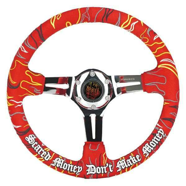 NRG Reinforced Steering Wheel - Ryan Litteral Signature 3" Deep, 5 mm chrome spoke with slit spokes. Red Alcantara, Red Stitching, Flame Embroidery"Scare Money Don't Make Money" Finish. - RST-018CH-RLR