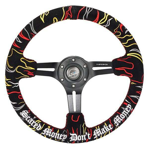 NRG Reinforced Steering Wheel - Ryan Litteral Signature 3" Deep, 5 mm black spoke with slit spokes. red Alcantara, Red Stitching, Flame Embroidery"Scare Money Don't Make Money" Finish. - RST-018MB-RLB