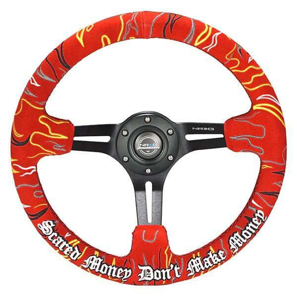 NRG Reinforced Steering Wheel - Ryan Litteral Signature 3" Deep, 5 mm black spoke with slit spokes. Black Alcantara, Red Stitching, Flame Embroidery"Scare Money Don't Make Money" Finish. - RST-018MB-RLR
