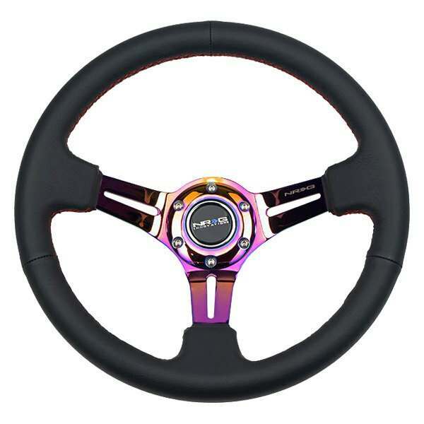 NRG Reinforced Steering Wheel 350mm Sport Steering Wheel Leather (3" Deep) Red Stitch with slits in Neochrome - RST-018R-MCRS