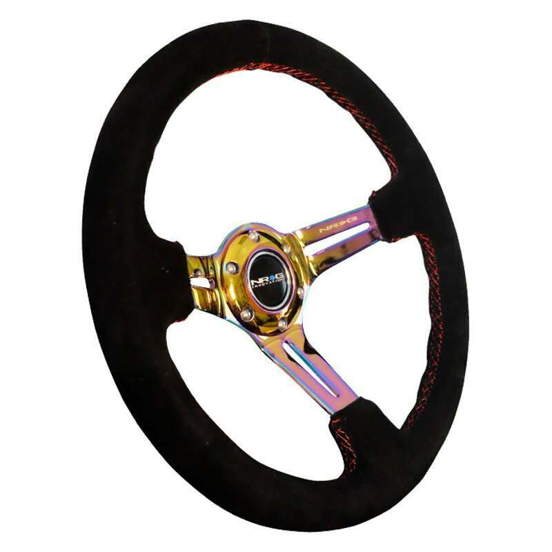 NRG Reinforced Steering Wheel 350mm Sport Steering Wheel Suede (3" Deep) Red Stitch with slits in Neochrome - RST-018S-MCRS