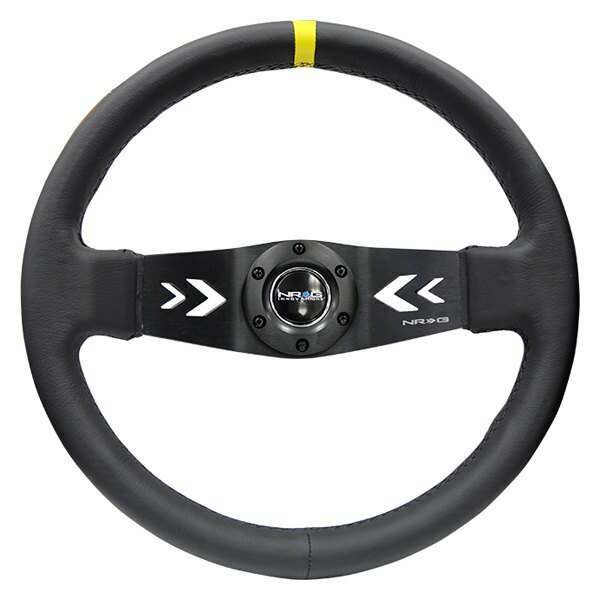 NRG Reinforced Steering Wheel NRG Arrow cut out two spoke 350mm Sport Stereing Wheel Leather (3" Deep) Black Suede, yellow Center Marking, NRG Arrow cut out two spoke - RST-022R-Y