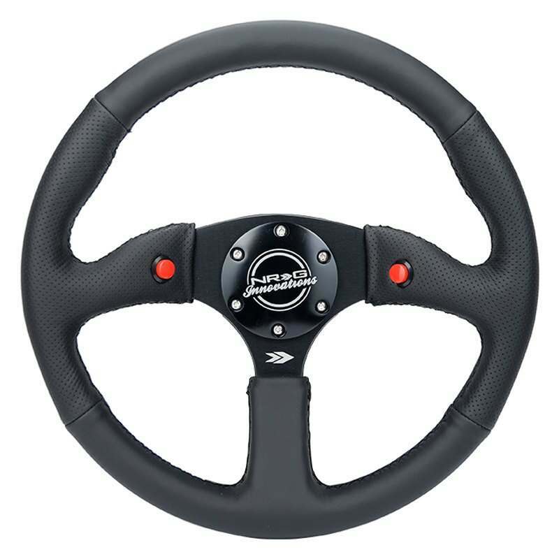 NRG Reinforced Steering Wheel - 350mm Sport Leather Racing ( 2.5" Deep) Comfort Grip, 4mm matte black spoke with Leather finish and dual button - RST-023D-R