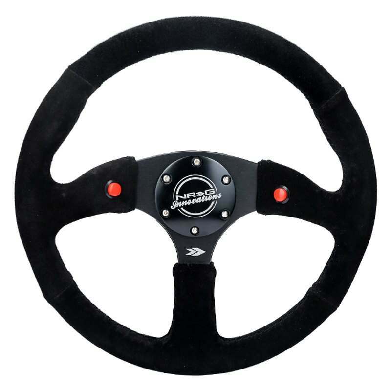 NRG Reinforced Steering Wheel - 350mm Sport Suede Racing ( 2.5" Deep) Comfort Grip, 4mm matte black spoke with Suede finish and dual button - RST-023D-S