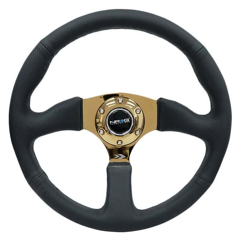 NRG Reinforced Steering Wheel- 350mm Sport Leather Racing ( 2.5" Deep) Comfort Grip 4mm metal gold spoke - RST-023GD-R