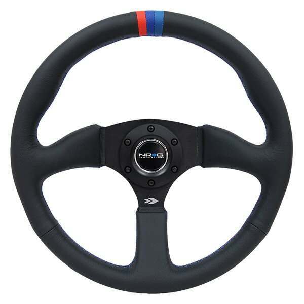 NRG Reinforced Steering Wheel - 350mm Sport Leather Racing ( 2.5" Deep) Comfort Grip, 4mm matte black spoke with m3 stitching and line - RST-023MB-R-M3