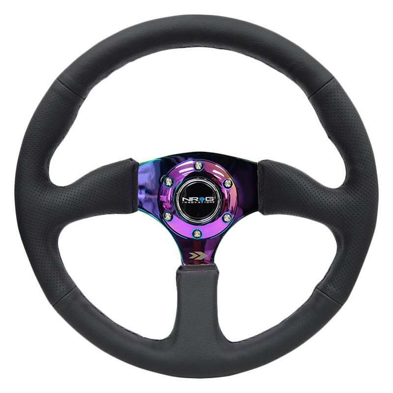 NRG Reinforced Steering Wheel- 350mm Sport Leather Racing ( 2.5" Deep) Comfort Grip, 4mm metal neochrome spoke - RST-023MC-R