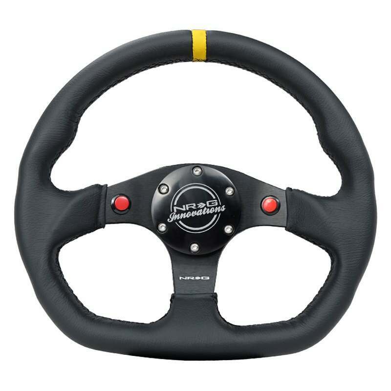 NRG Reinforced Steering Wheel - 320mm Sport Leather dual push buttons flat bottom with yellow center mark - RST-024D-MB-R-Y