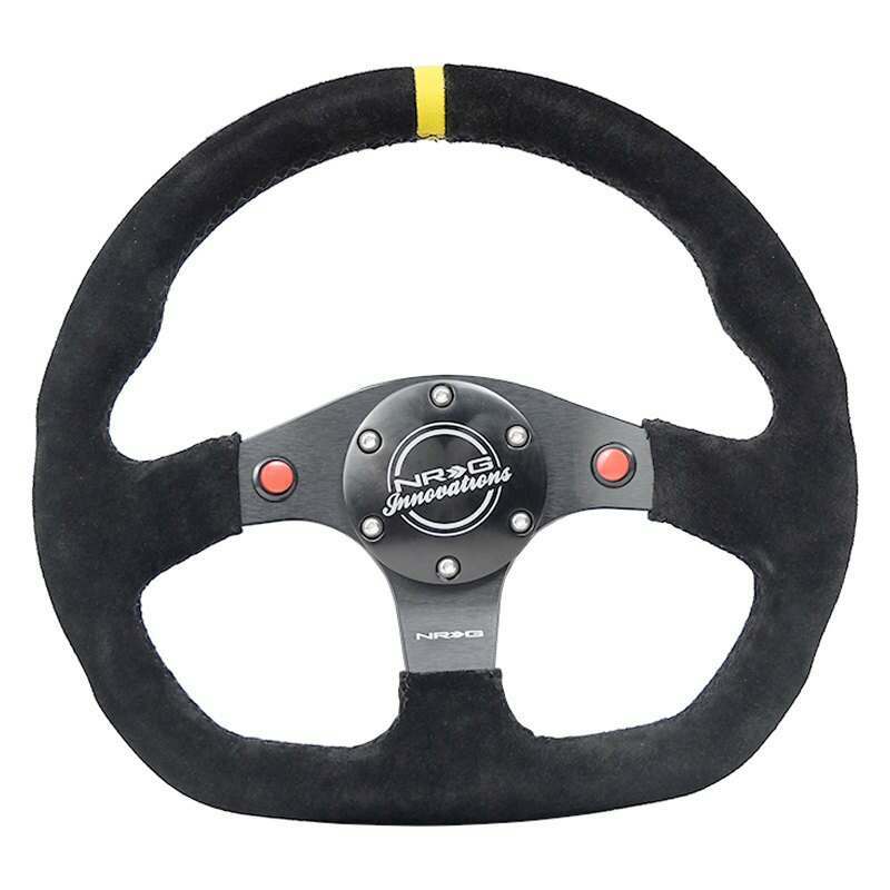 NRG Reinforced Steering Wheel - 320mm Sport Suede dual push buttons flat bottom with yellow center mark - RST-024D-MB-S-Y