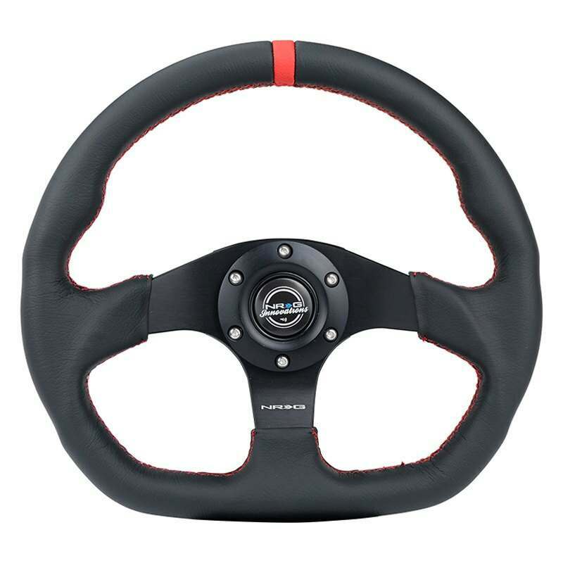 NRG Reinforced Steering Wheel - 320mm Sport Leather flat bottom with Red center mark, Red stitching - RST-024MB-R-RD
