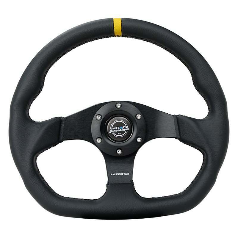 NRG Reinforced Steering Wheel - 320mm Sport Leather flat bottom with yellow center mark - RST-024MB-R-Y