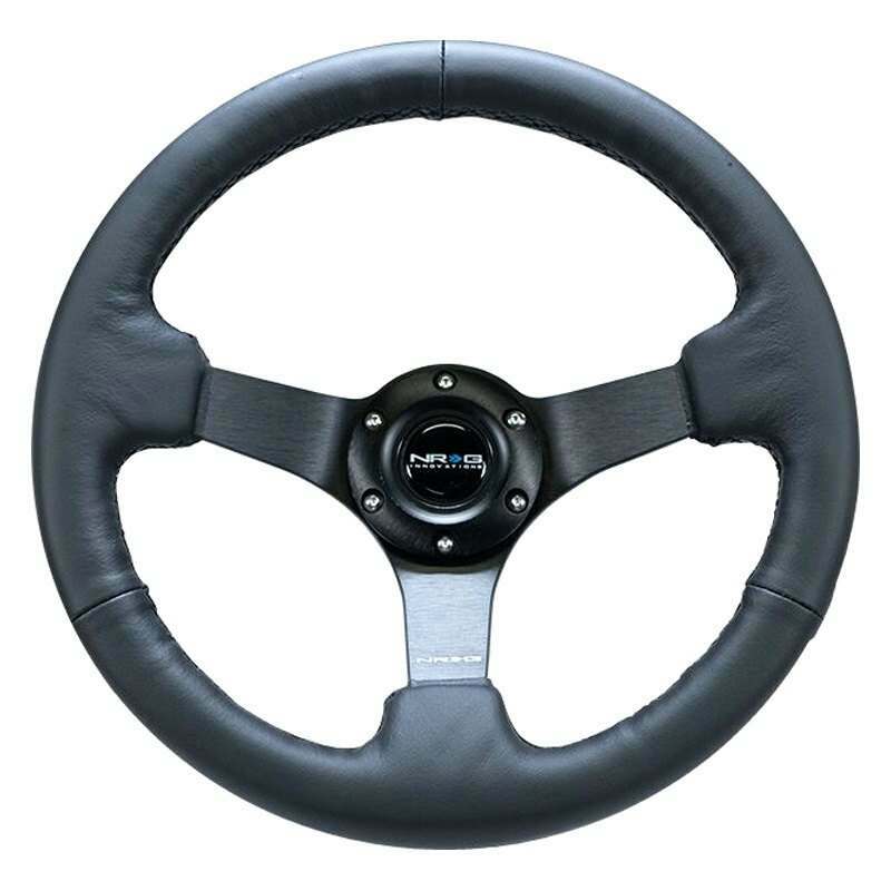 NRG Reinforced Steering Wheel - 330mm Sport Leather Racing ( 3" Deep) Comfort Grip, 4mm matte black spoke with criss cross stitching - RST-033BK-R