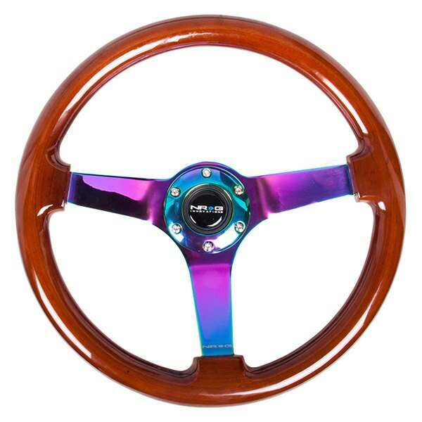 NRG Reinforced Steering Wheel - Classic Dark Wood Grain Wheel (3" Deep, 4mm ), 350mm, 3 Solid spoke center in Neochrome - RST-036BR-MC